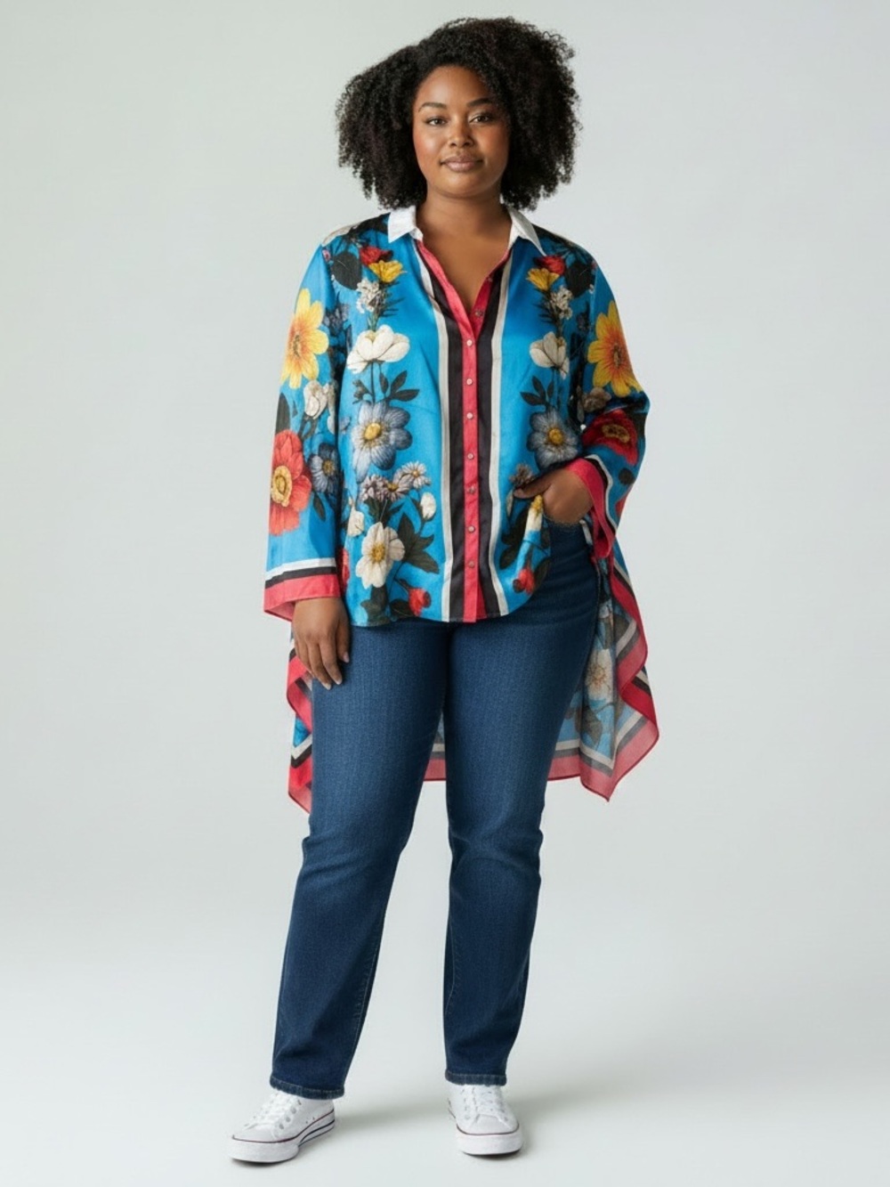 Aratta Floral Print Blue Button-Up Tunic